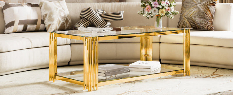 Aria Table Basse Rectangulaire Moderne 47.5 po avec Cadre Asymetrique Dore et Plateau Verre, Transparent