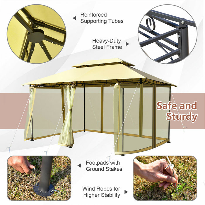 2-tier 10’x13’ Acier Gazebo Canopy Tente Abri Patio Jardin Filet Exterieur Beige