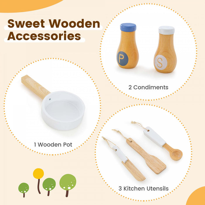 Cuisine Pour Enfants En Bois Avec Etageres De Rangement, Accessoires De Cuisine, Horloge Mignonne Et Son Realiste, Jeu De Cuisine D'imitation Pour Tout-petits, Cadeau Pour 3+ Ans