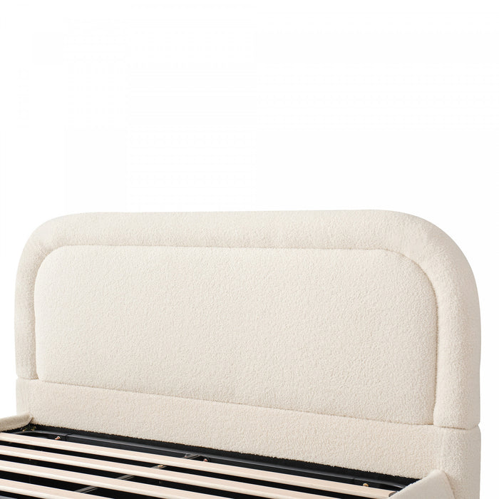 Lit plateforme Sophia avec rangement a levage hydraulique, revetement en boucle, taille queen, beige