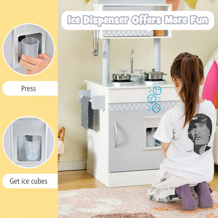 Jeu De Cuisine Pour Enfants Double-face, Ensemble De Jeu De Role 2-en-1 Avec Accessoires, Cuisiniere Et Evier, Distributeur De Glace, Jeu De Cuisine En Bois Pour Role-play, Pour Garcons Et Filles De 3 Ans Et Plus, Blanc