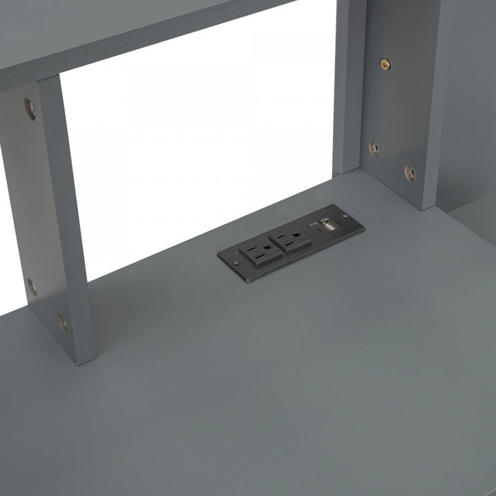 Jackson – Lit Mezzanine Simple En Bois Massif Avec Bureau, Etageres De Rangement, Eclairage Del Et Station De Recharge – Gris Fonce