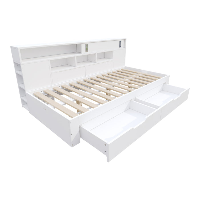 Banquette-lit Liam avec tiroirs de rangement et etageres integrees, taille full, blanc