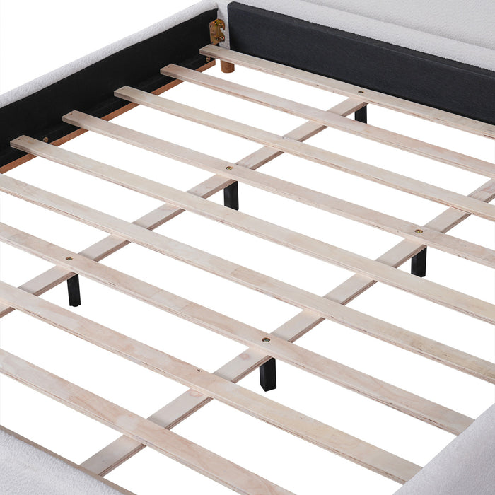 Lit plateforme Ethan a profil bas en boucle avec tete de lit courbee rembourree, taille king, blanc