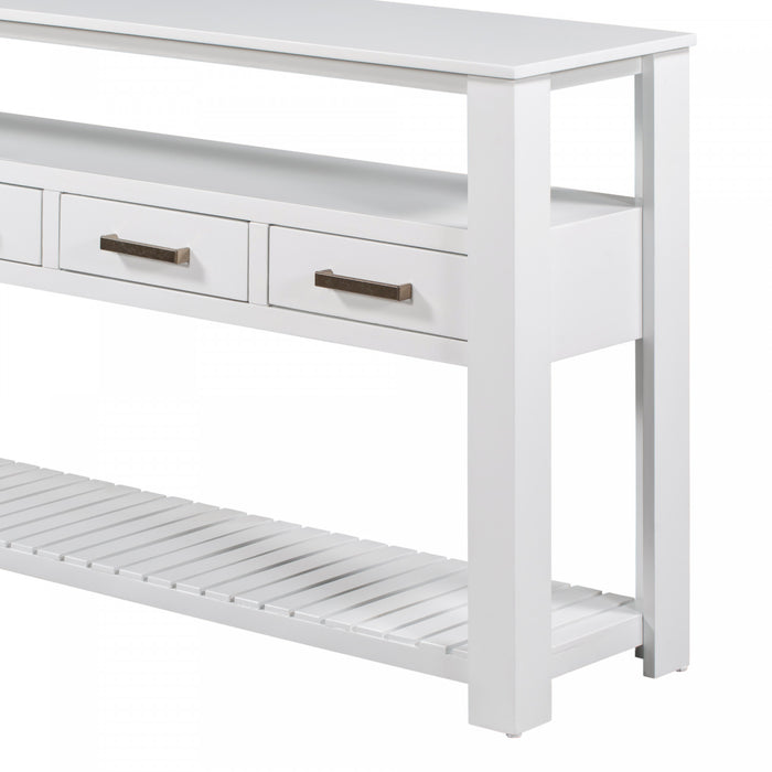 Table d'entree Ava 62,2'' avec tiroirs et etageres ouvertes, blanche