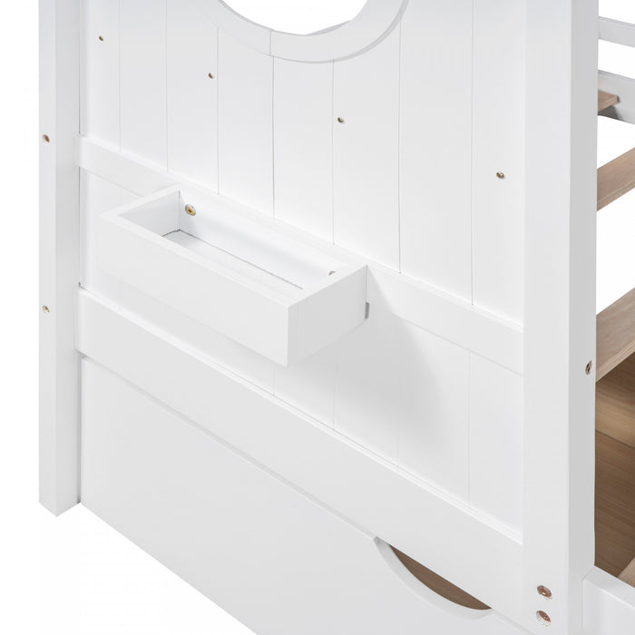 Lit Maison Jeames en Bois avec 2 Tiroirs de Rangement et Etagere, Taille Twin - Blanc