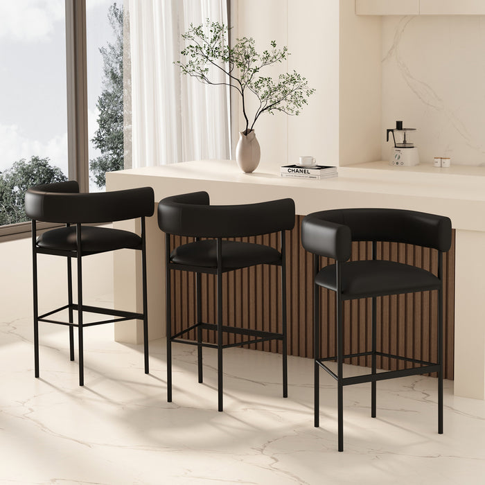 Tabouret de bar contemporain Onda en cuir vegetalien et metal, rembourre, noir