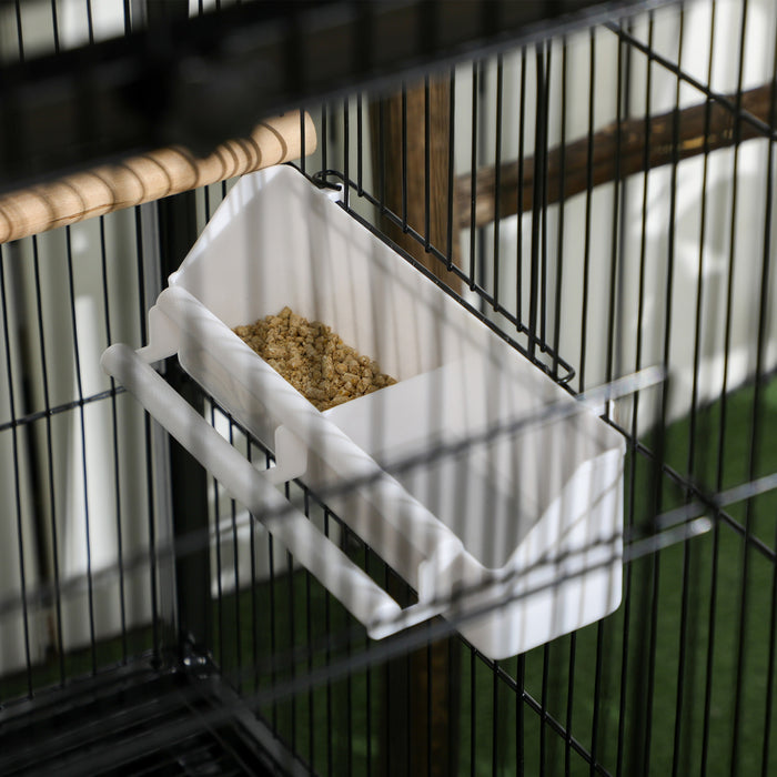 Pawhut 55.1\" 2 En 1 Cage A Oiseaux Voliere Perruche Maison Pour Pinsons, Perruches Avec Roues, Plateaux Coulissants, Perchoir En Bois, Recipients Alimentaires, Noir