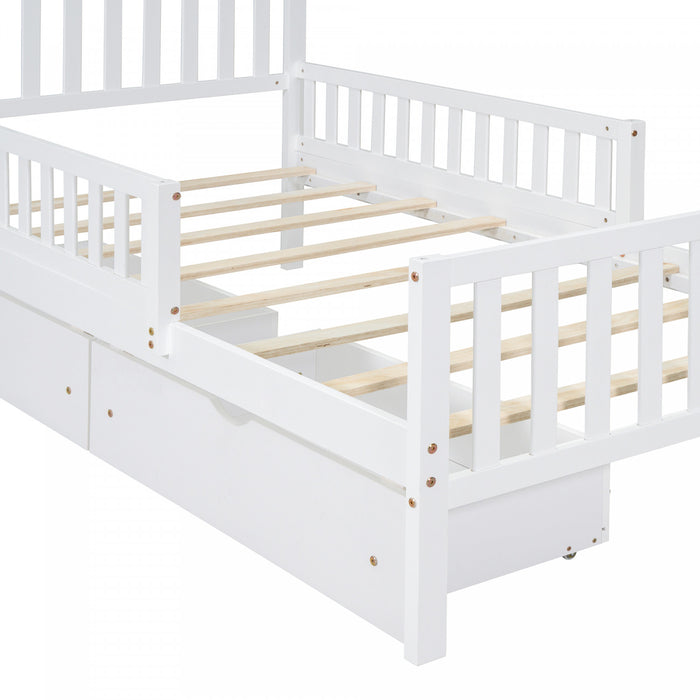 Emma – Lit Plateforme en Bois avec Barrieres de Protection et Tiroirs de Rangement, Format Simple - Blanc