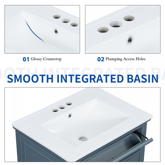 Vivo Meuble-Lavabo Simple 24 po avec Tiroir Bascule et Pieds en Bois Massif, Bleu Gris
