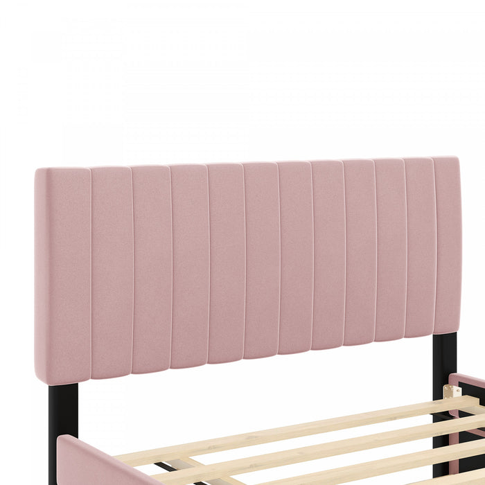 Lit plateforme Ethan rembourre en velours, gain de place, avec tiroir gigogne, taille full, rose