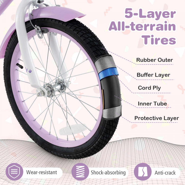 Costway 18\" Velo Fille Avec Panier Roues D'entrainement Amovibles Frein A Main De Siege Reglable Frein De Montagne Violet