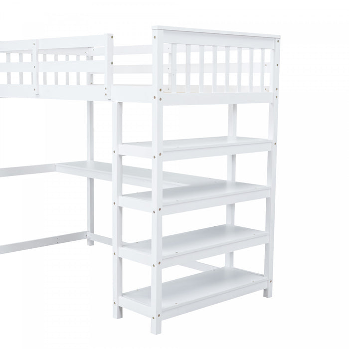 Victoria – Lit Mezzanine Simple En Bois Massif Avec Bureau, Etageres De Rangement Et Eclairage Del – Blanc