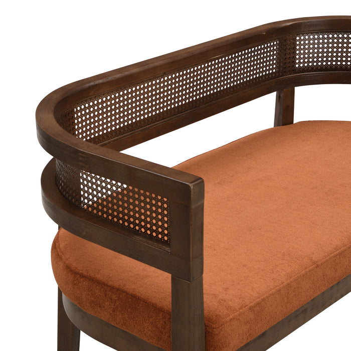 Rattan Causeuse Rembourree en Rotin 47.5 po avec Dossier Tisse Main, Orange Fonce, Noyer