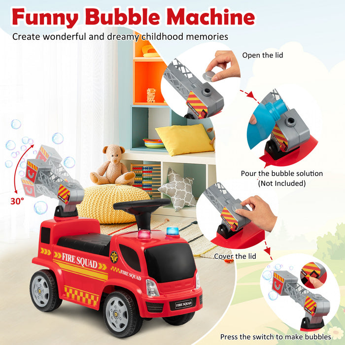 Costway Kids Ride On Fire Truck Foot-to-floor Sliding Push Car W / Musique Et Fabricant De Bulles
