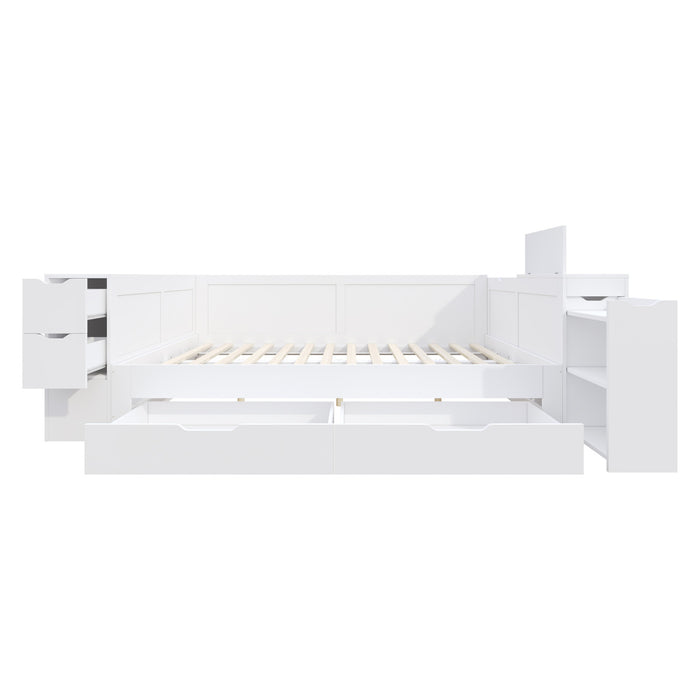 Banquette-lit Mason avec tete de lit de rangement et cadre de lit multifonctionnel avec rangement, taille full, blanc