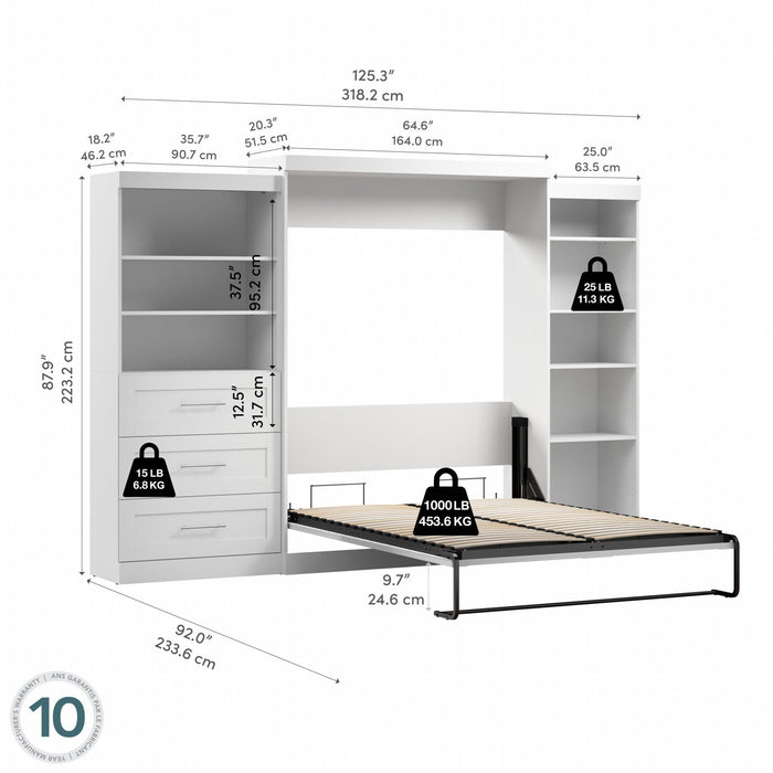 Grand lit escamotable mural Pur de Bestar de 126 po avec tablettes et tiroirs