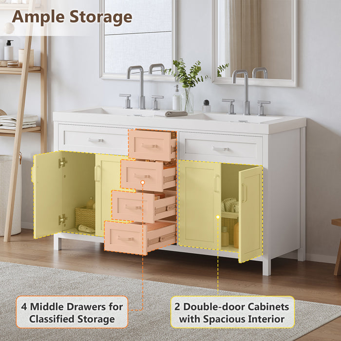 Dune Meuble-Lavabo Double 59 po avec Vasques en Resine et 4 Tiroirs, Blanc