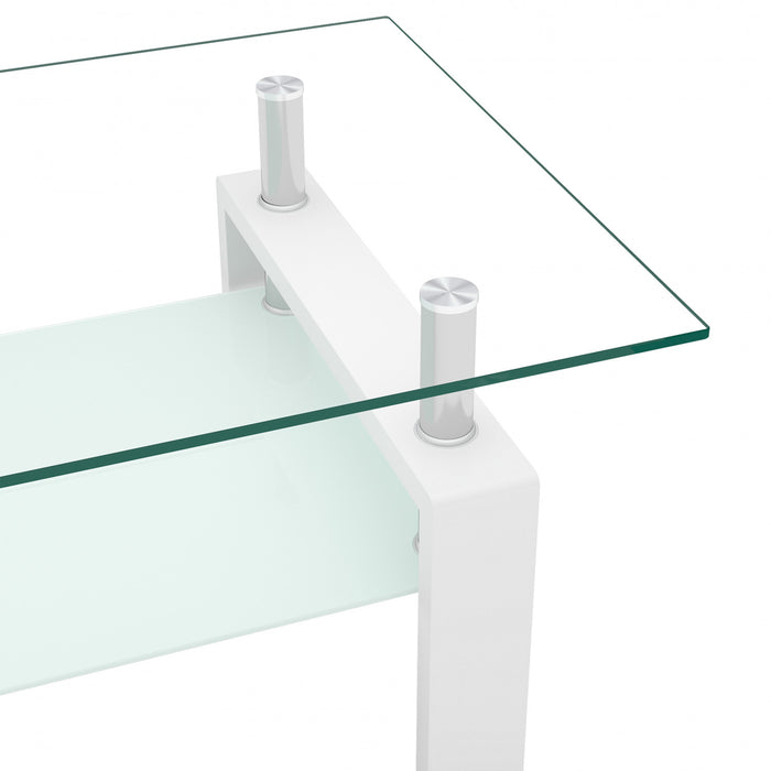 Table basse moderne rectangulaire en verre trempe transparent Liam, avec pieds blancs