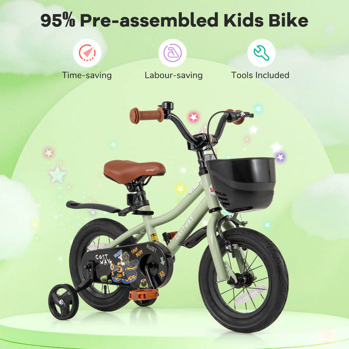 Costway 12\" Velo Pour Enfants Avec Roues D'entrainement Guidon Reglable Et Frein A Main Du Siege Vert