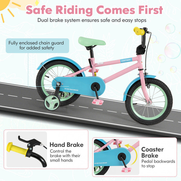 Costway 14\" Velo Pour Enfants Avec Guidon Reglable De Selle Roues D'entrainement Amovibles Frein A Main Rose