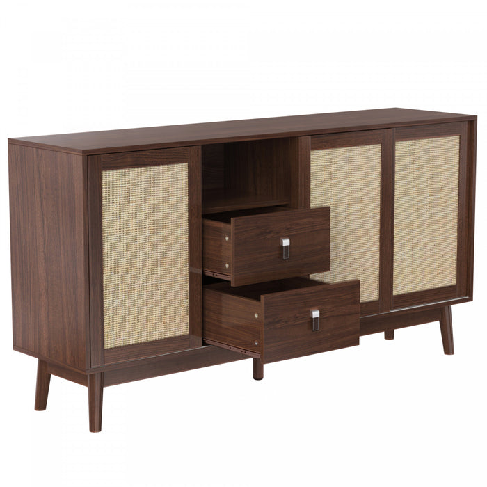 Oliver 61\" Buffet avec Portes Coulissantes en Rattan et Tiroirs, Marron Fonce