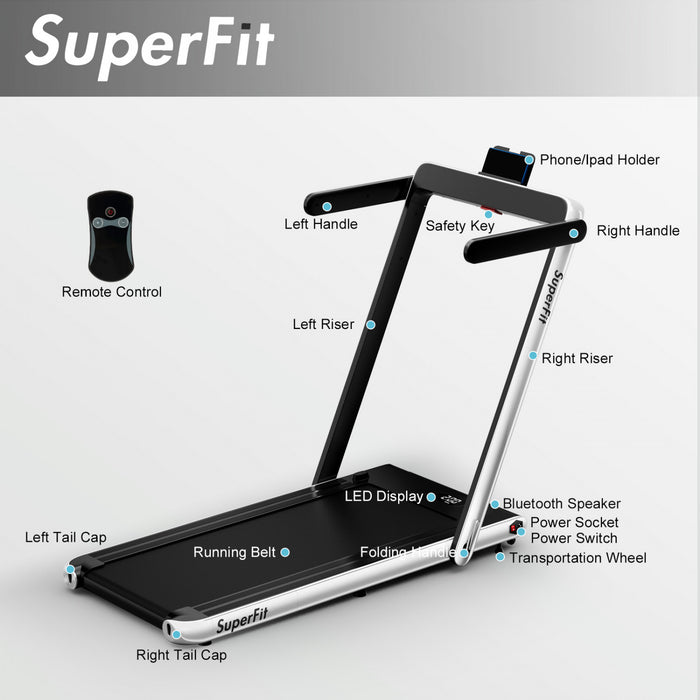 Tapis De Course Pliable 2 En 1 Superfit, Avec Haut-parleur, Telecommande Et Controle Via Application, Moteur 2,25 Hp, 2 Modes : Marche Et Course, Vitesse De 1 A 12 Km/h, Argente