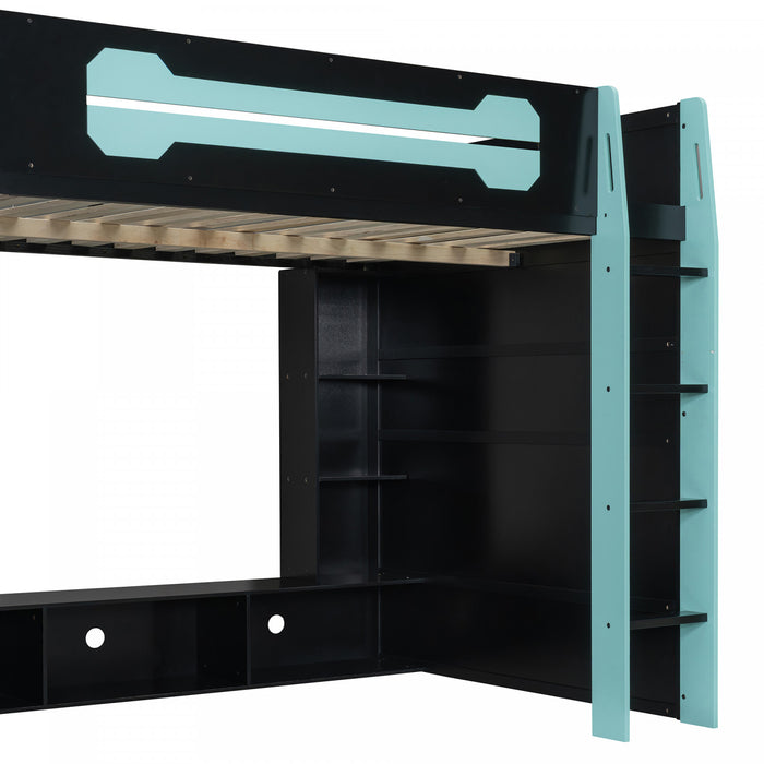 Olivia Lit mezzanine en bois avec bureau et etageres de rangement multiples, Lumiere RGB, Bleu