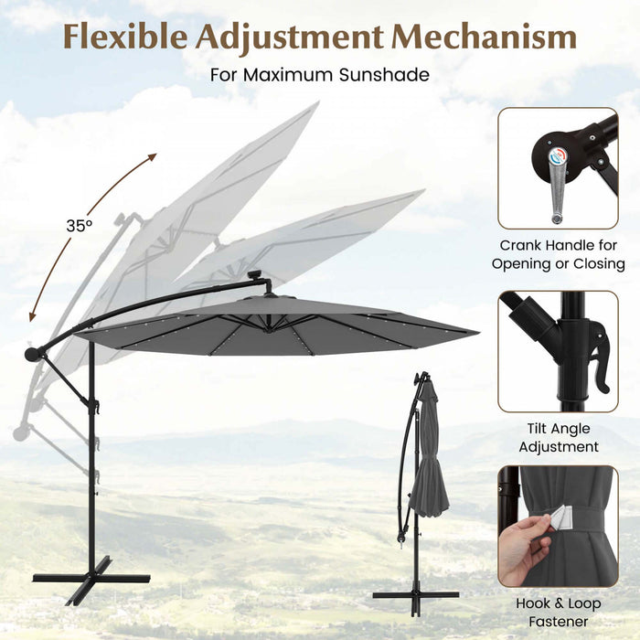Parasol deporte solaire LED Costway 10 pieds avec 40 lumieres, manivelle et base croisee gris