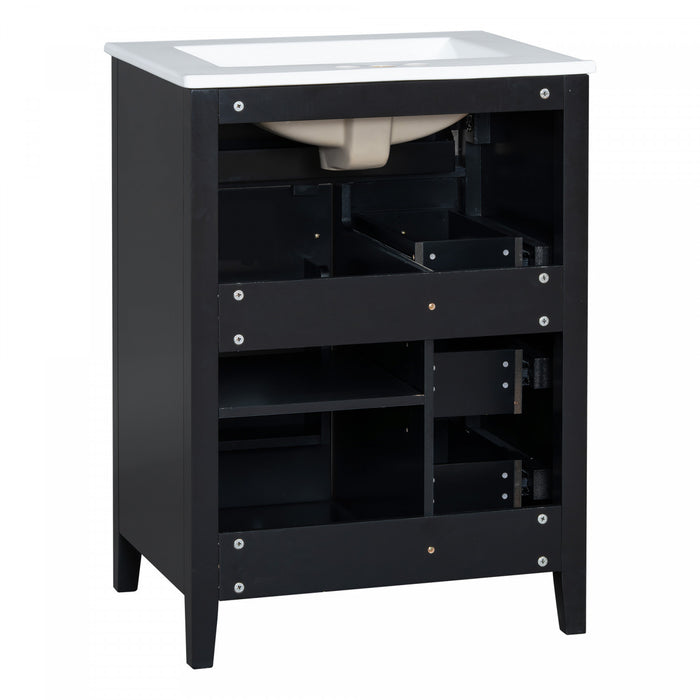 Scott Meuble-lavabo de 24\" avec vasque en ceramique et pieds en bois caoutchouc, Noir