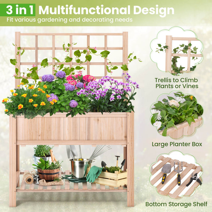 Costway Souleve Lit De Jardin Eleve Boite De Planteur En Bois W / Trellis Et Etagere De Stockage Ouverte