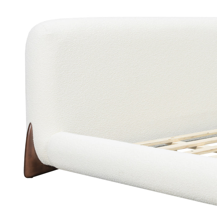 Cadre de lit plateforme Emma a profil bas avec tete de lit courbee et revetement en boucle, taille queen, blanc creme