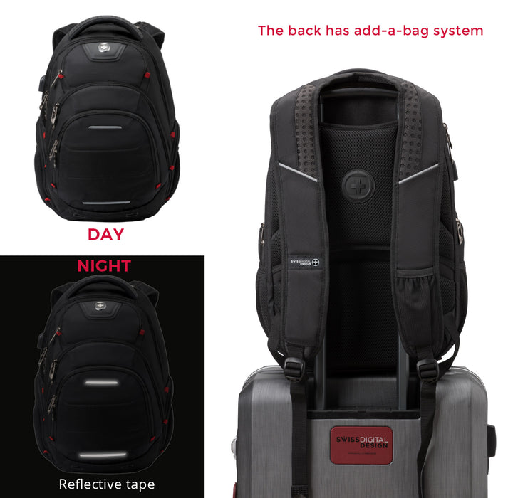 Sac a dos Swissdigital Neptune – Sac pour ordinateur portable de 16\", chargement USB, detecteur SDD, protection RFID, compatible TSA, systeme Add-A-Bag