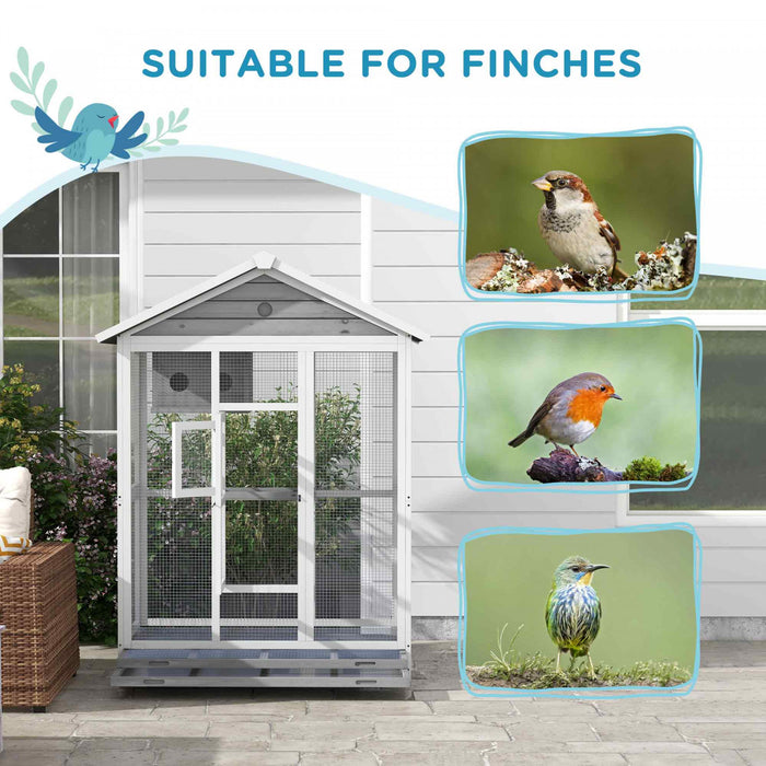 Pawhut 65\" Cage A Oiseaux Grande Voliere En Bois Pour Canari Avec Plateau Coulissant Nid De Poteau Debout, Pour Interieur Exterieur, Gris