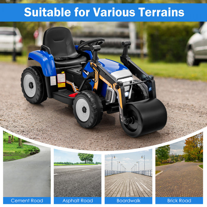 Vehicule De Construction Voiture Electrique Enfants, 2 Modes De Conduite, Avec Telecommande Effets Sonores Lumineux, Rouleau-compresseur Bulldozer, Jouet Enfant 3+ Ans, 113x51x52 Cm, Charge 30 Kg, Bleu/rouge/jaune