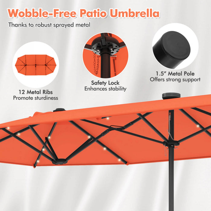 Costway Parasol de patio double face de 13 pieds avec lumieres solaires, manivelle, base de parasol orange