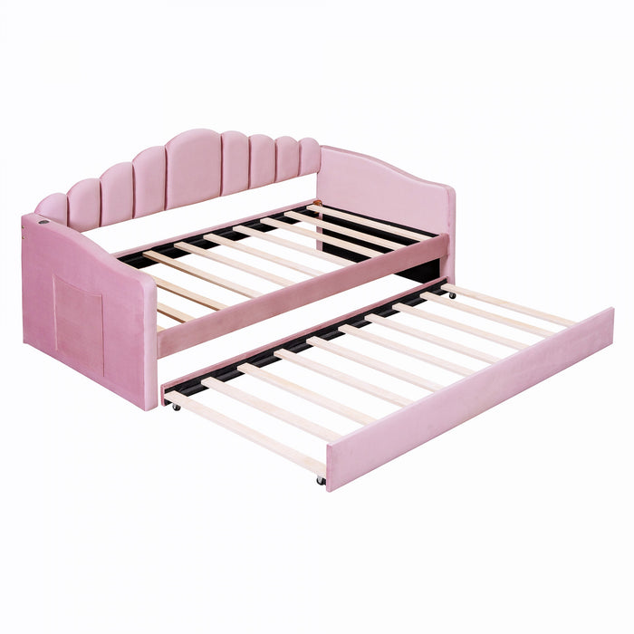 Lily Lit Relevable Capitonne avec Lit Gigogne et Ports de Chargement USB, Taille Twin, Rose