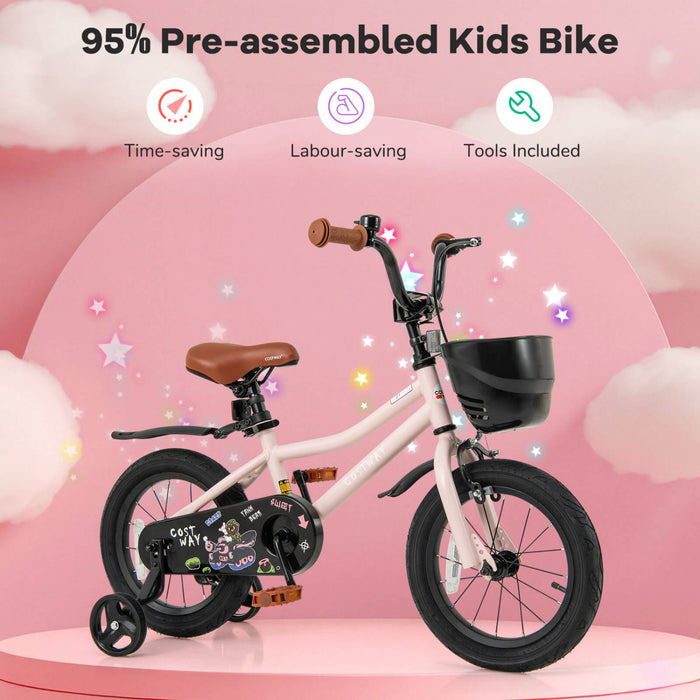 Costway 14\" Velo Pour Enfants Avec Roues D'entrainement Guidon Reglable Et Frein A Main De Siege Rose