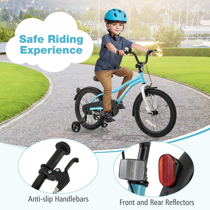 Costway 18\" Velo Pour Enfants Pour Garcons Et Filles De 4 A 8 Ans Avec Reflecteurs De Frein A Main Reglables Bleu