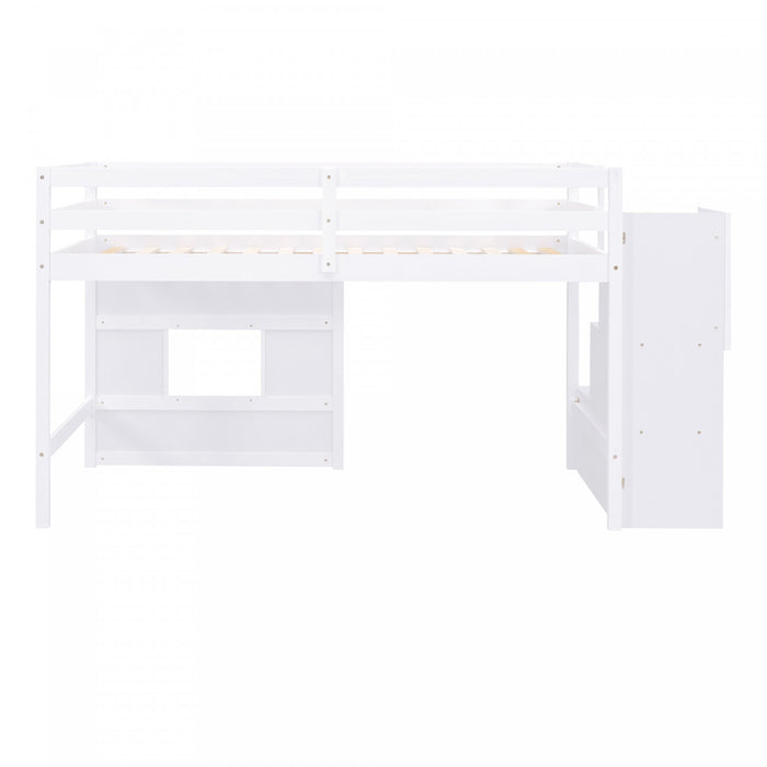 Martin – Lit Mezzanine Simple En Bois Massif Avec Escaliers De Rangement, Fenetre Ludique Et Eclairage Del – Blanc