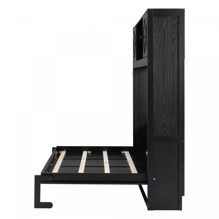 Lit escamotable Ethan en bois massif avec armoires de rangement, taille queen, noir