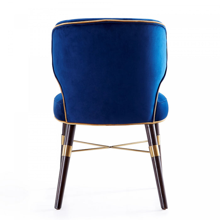 Chaise de salle a manger moderne Strine en bois et tissu bleu et or - Lot de 2