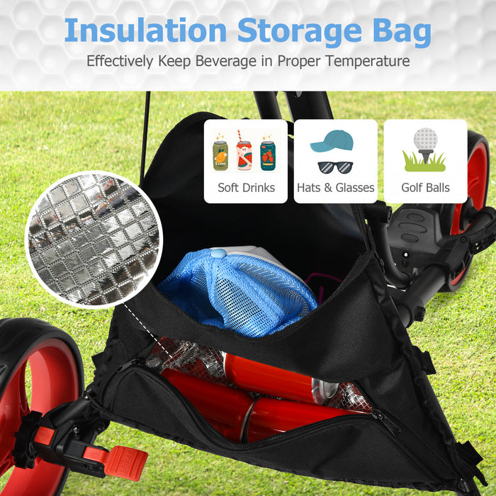Chariot De Golf Pliable A 3 Roues, 4 Positions De Hauteur Reglables, Chariot De Golf Leger, Chariot De Golf En Aluminium Avec Porte-ombrelle Reglable, Sac Etanche, Glaciere Integree, Frein A Pied, Ouverture Et Fermeture Rapides.