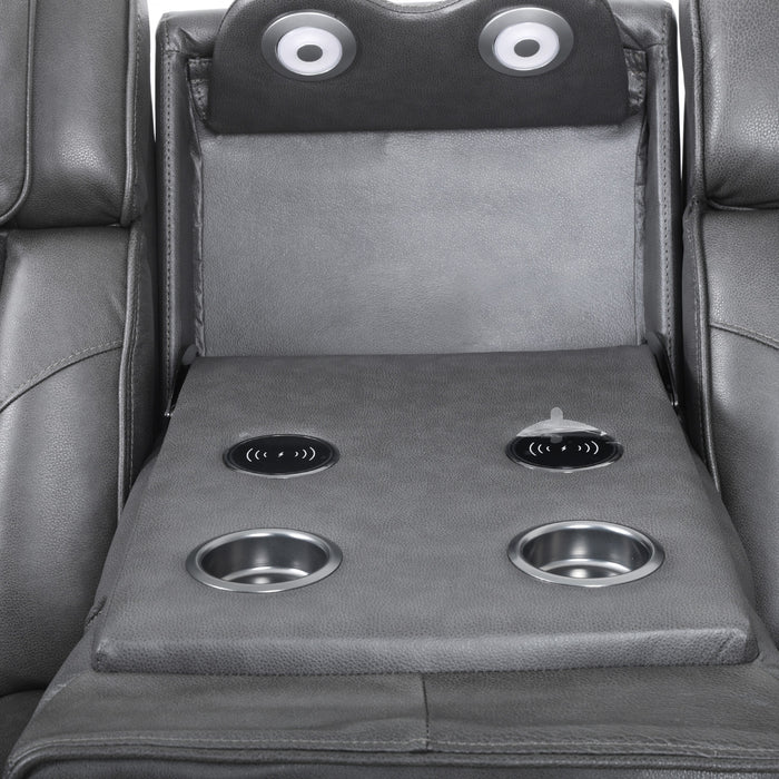 Causeuse inclinable electrique Kingsley de 58 po en cuir assorti avec rangement dans les accoudoirs et USB - Charbon
