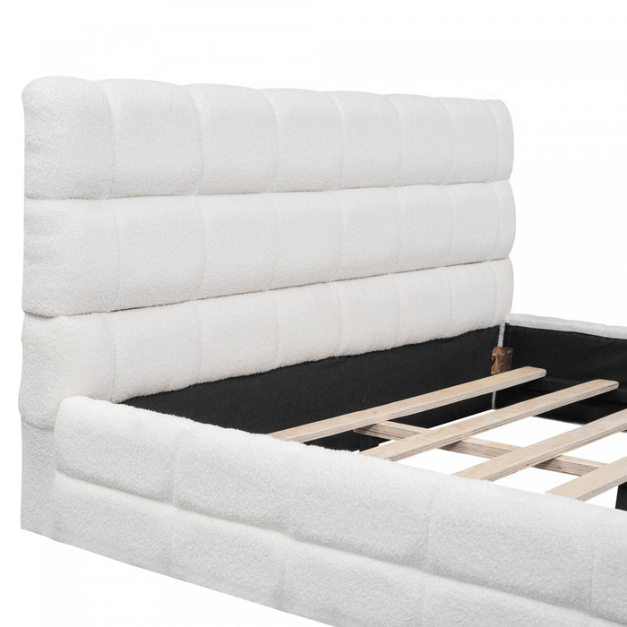 Lit plateforme moderne Emma rembourre avec structure en bois massif confortable, taille queen, blanc
