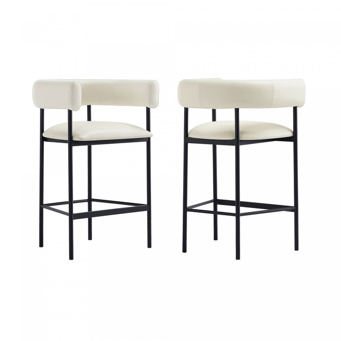 Tabouret de comptoir contemporain Onda en cuir vegetalien et metal, coloris ivoire