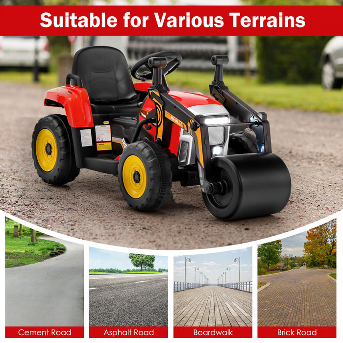 Costway Enfants Rouler Sur La Route Rouleau 12v Tracteur Electrique A Distance W / Musique & Led Lumiere Rouge