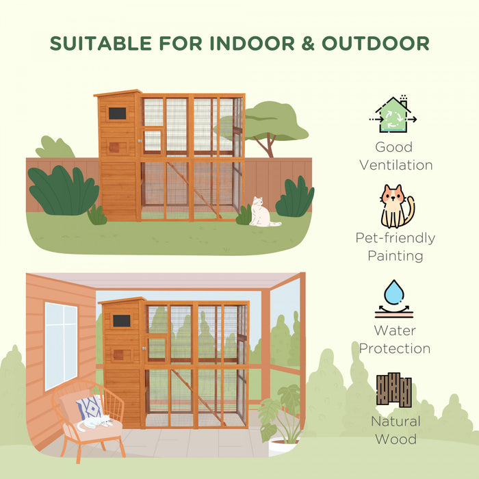 Pawhut Grande Maison Pour Chat D'exterieur En Bois Avec Grand Enclos Pour Jouer, Zone De Condo Pour Dormir, Naturel