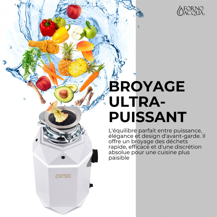 BrightDIAMOND 1HP Broyeur ultra-silencieux, DEL sous armoire, cordon/interrupteur, Blanc- WDD100TA1BO