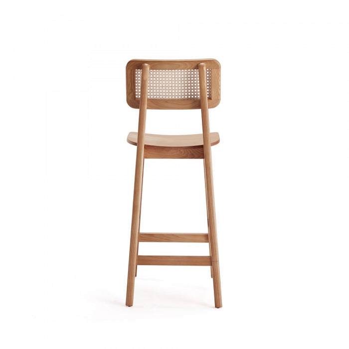 Tabouret de comptoir en bois a dossier cannage style industriel chic Versailles, naturel - Lot de 2